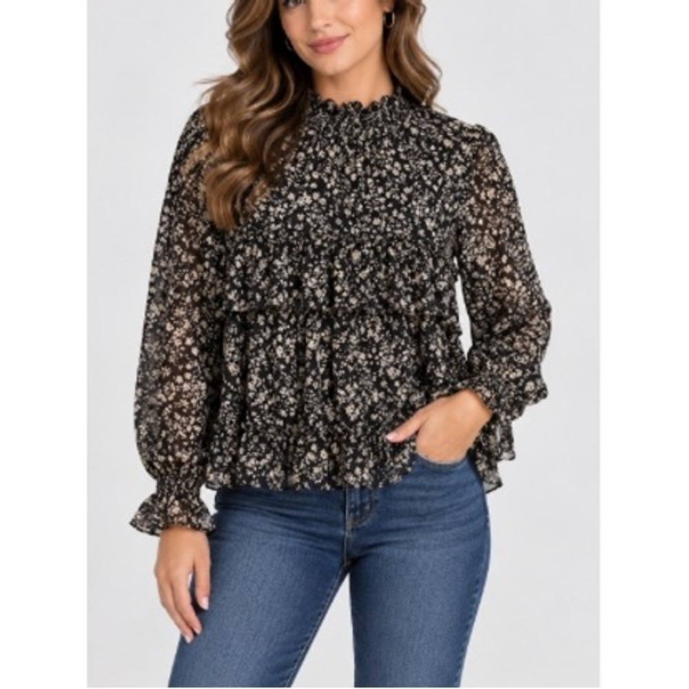 Lush Womens Black Floral Smocked High Neck Long Sleeve Blouse Size M